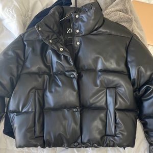 ZARA Black Leather Puffer Jacket